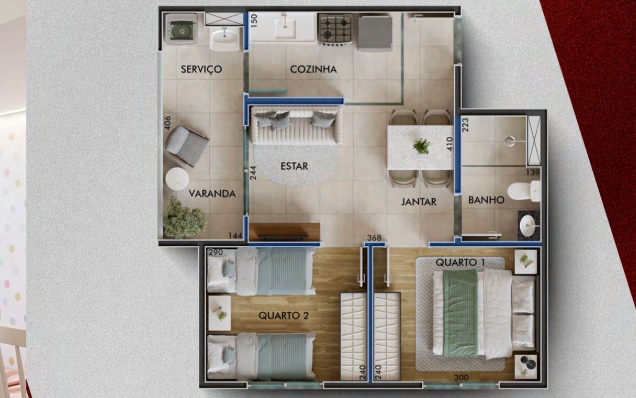 Planta da Tipologia 02, 2 dormitórios de 41,77 m²