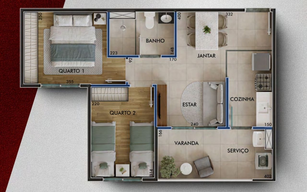 Planta da Tipologia 01, 2 dormitórios de 45,27 m²